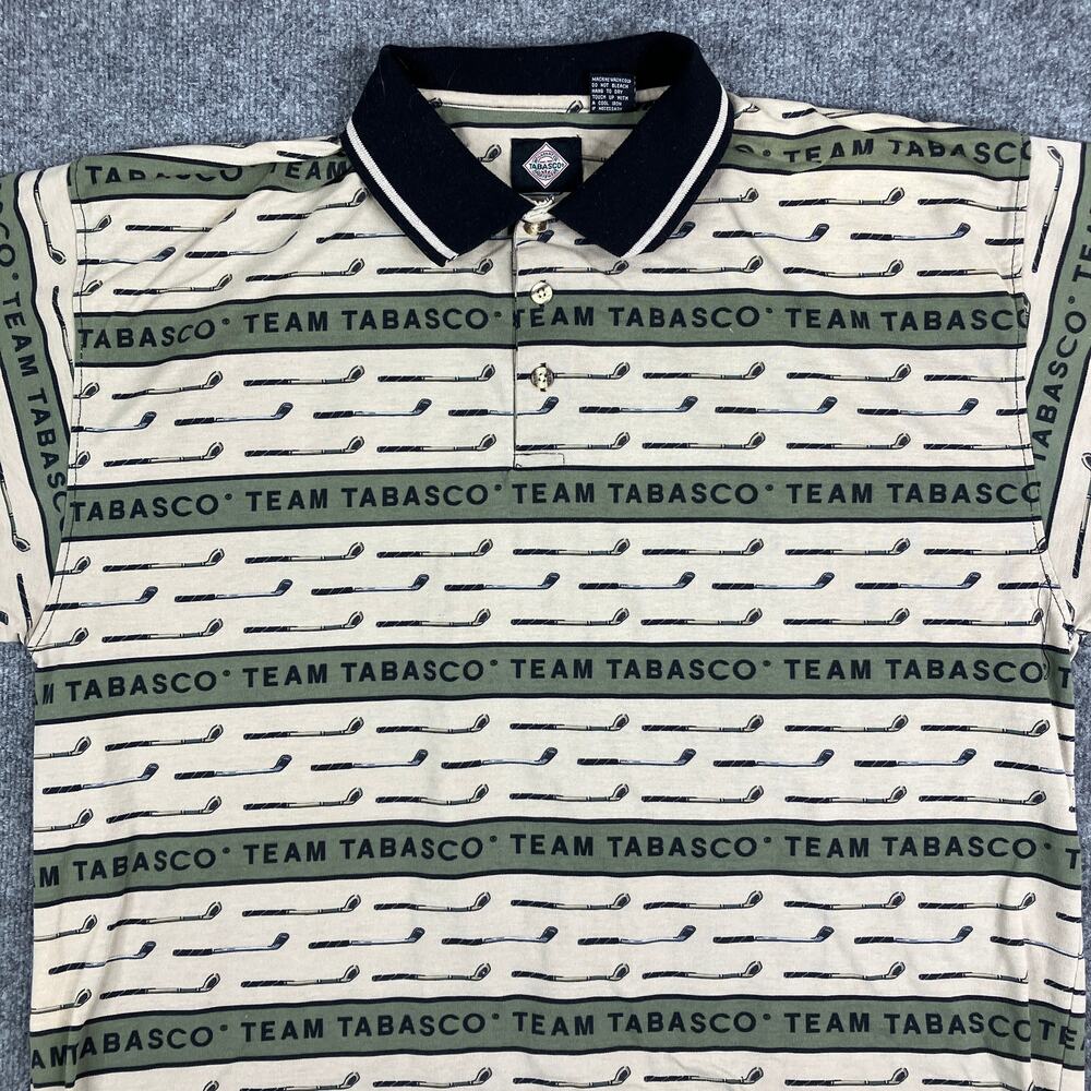 Tabasco Team Polo Shirt Mens Size XXL Beige Green All Over Print‎ Short Sleeve